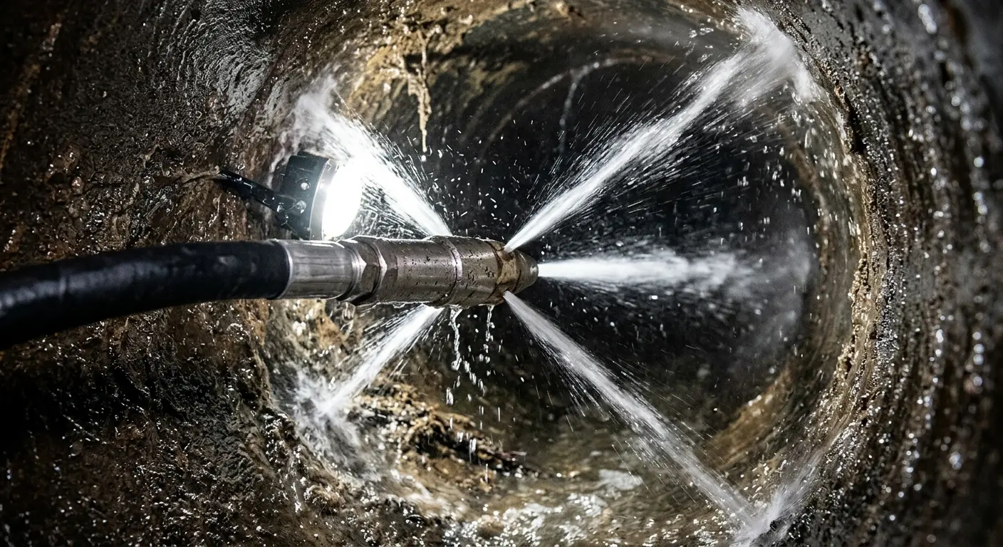High-pressure hydro jetting nozzle cleaning sewer pipe for Trenchless Sewer Repair in Greenbriar
