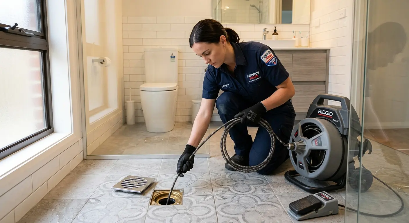Technician clearing a bathroom floor drain for Sewer Line Installation in Greenbriar